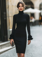 Lace Trim Ruffled Cuff Turtleneck Knit Sweater Dress