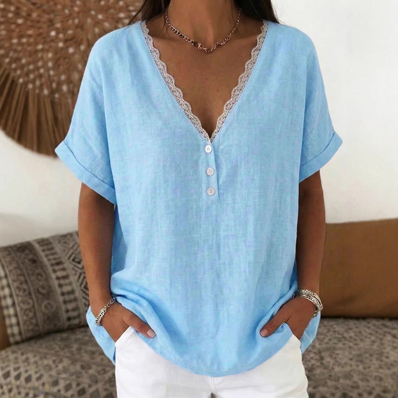 Women's Solid Color Lace V-neck Short Sleeve Linen Blend T-shirt