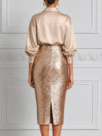 Champagne Satin Shirt Blouse & Sequin Pencil Skirt Set