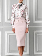 Blush Pink Floral Print Ruffle Neck Chiffon Blouse & High Waist Pencil Midi Skirt Two-Piece Suit Set