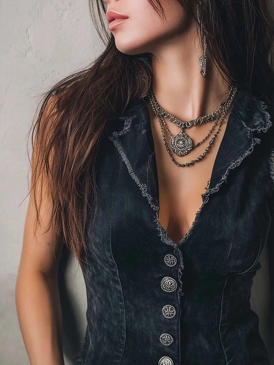 Vintage Frayed-Trim Denim Vest