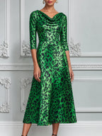 Emerald Green Leopard Print Cowl Neck A-Line Midi Dress