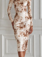 Ivory Brown Floral Print High Neck Bodycon Midi Dress