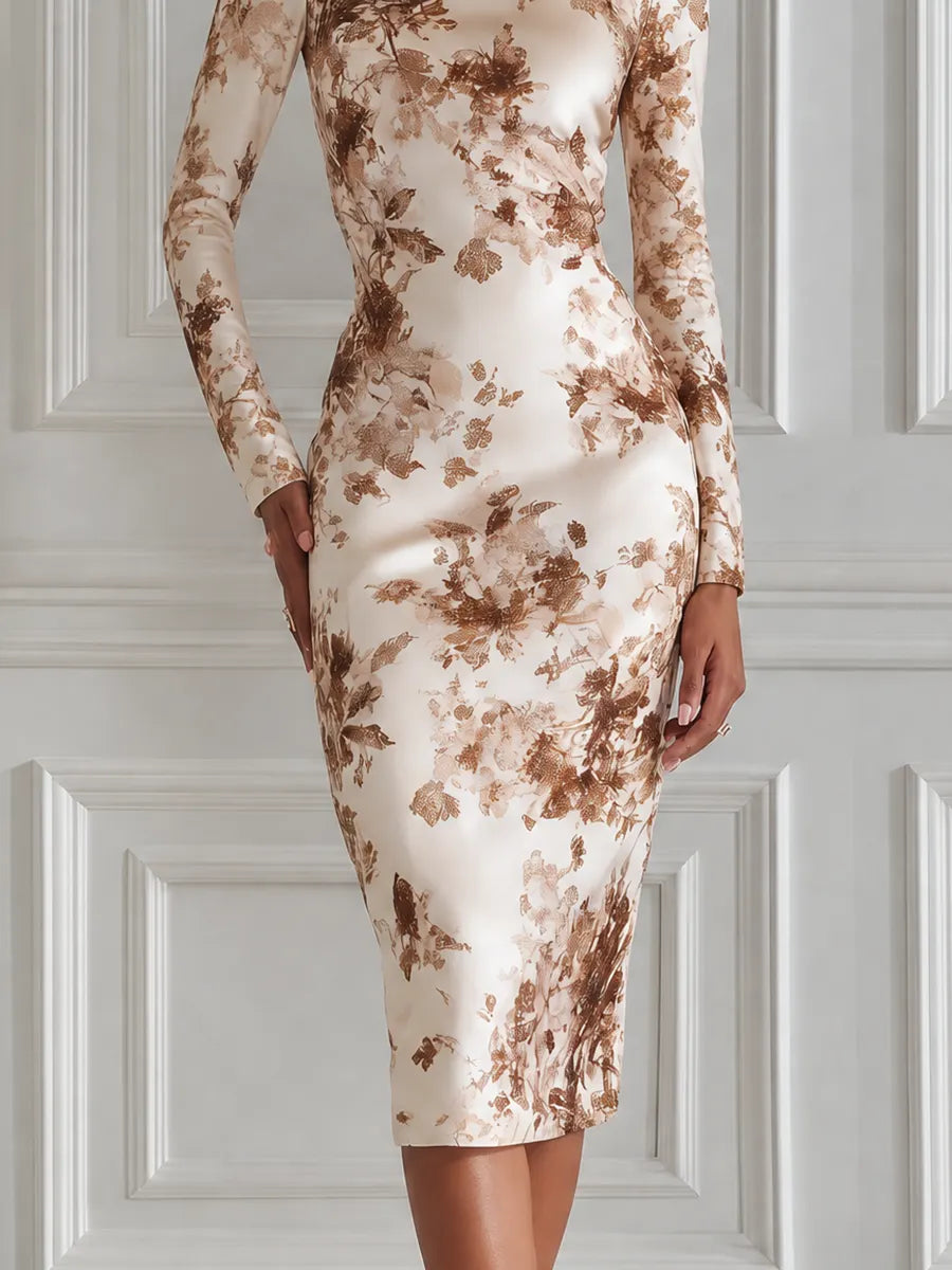 Ivory Brown Floral Print High Neck Bodycon Midi Dress