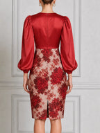 Red Dress Fall Wedding Guest Dress Satin Puff Sleeve Floral Pencil Midi Dress