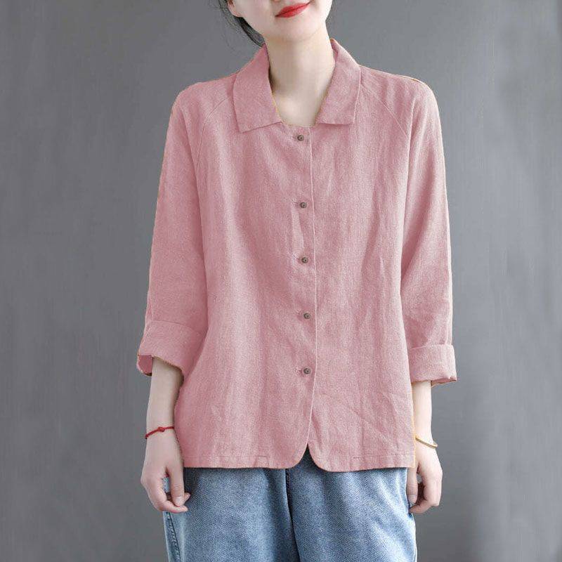 Vintage Button Cotton Linen Solid Comfy Blouse