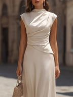Elegant Draped High-Neck Satin Top & Flowing Maxi Skirt Set