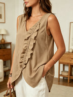 Women's Casual Sleeveless V-neck Ruffled Shirt