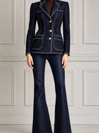 Navy Denim Preppy Fall Fashion Blazer & Flare Pants Set