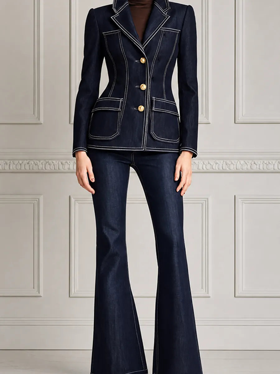 Navy Denim Preppy Fall Fashion Blazer & Flare Pants Set
