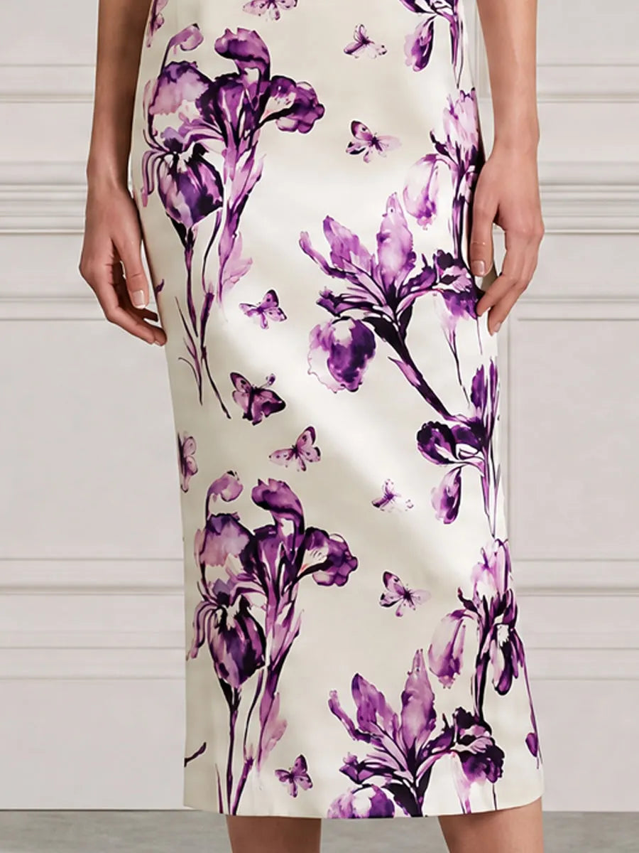 Ivory Purple Floral Print Square-Neck Bodycon Midi Dress