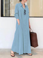 Women's Solid Color Casual Loose Elegant V-Neck Cotton And Linen Pocket Shirt Dress