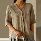Women's Solid Color V-Neck Buttoned Mid-Sleeve Loose Casual Top