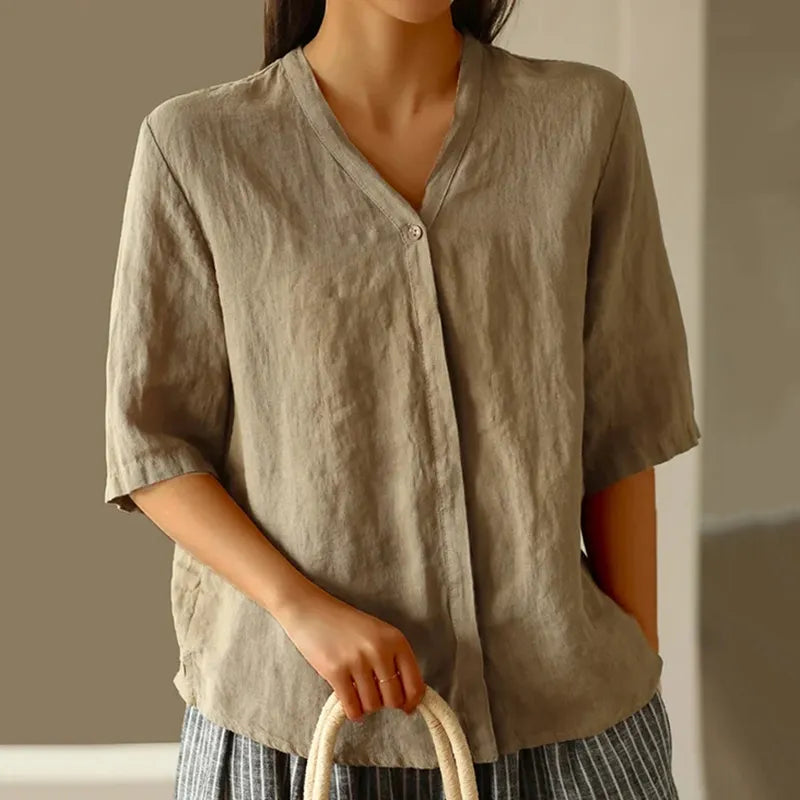 Women's Solid Color V-Neck Buttoned Mid-Sleeve Loose Casual Top