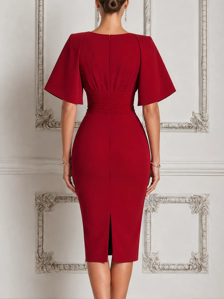 Red Dress Fall Wedding Guest Dress Pleated Waist Pencil Midi Dress