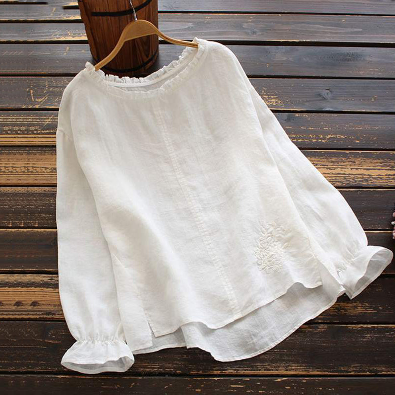 Vintage Flounce Floral Embroidery Cotton Linen Comfy Shirt