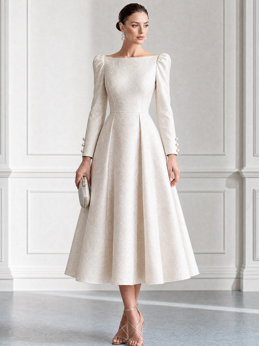 Elegant Jacquard Boat Neck Pearl Button Cuffs Dress