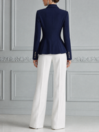 Navy Contrast Trim Peplum Zip Jacket & White Wide Leg Trousers Two-Piece Suit Set