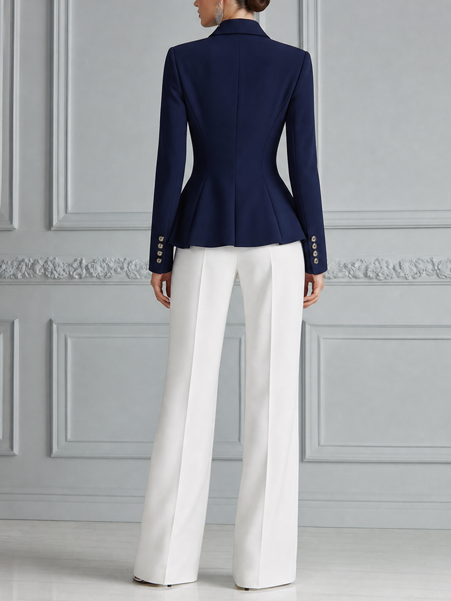 Navy Contrast Trim Peplum Zip Jacket & White Wide Leg Trousers Two-Piece Suit Set