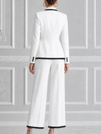 White Contrast Black Trim Peak Lapel Tailored Blazer & Wide Leg Trousers Two-Piece Suit Set