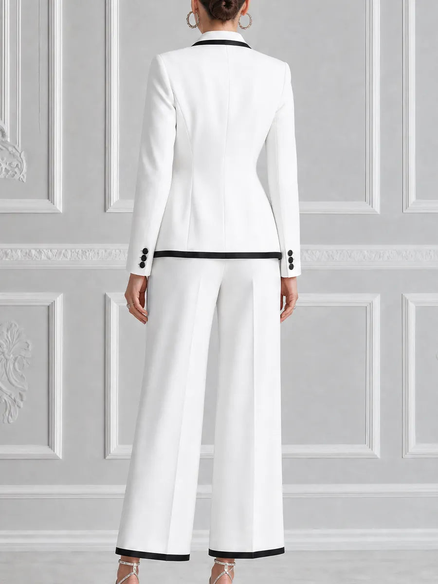 White Contrast Black Trim Peak Lapel Tailored Blazer & Wide Leg Trousers Two-Piece Suit Set