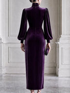 High Neck Puff Sleeve Ruched Velvet Midi Evening Dress