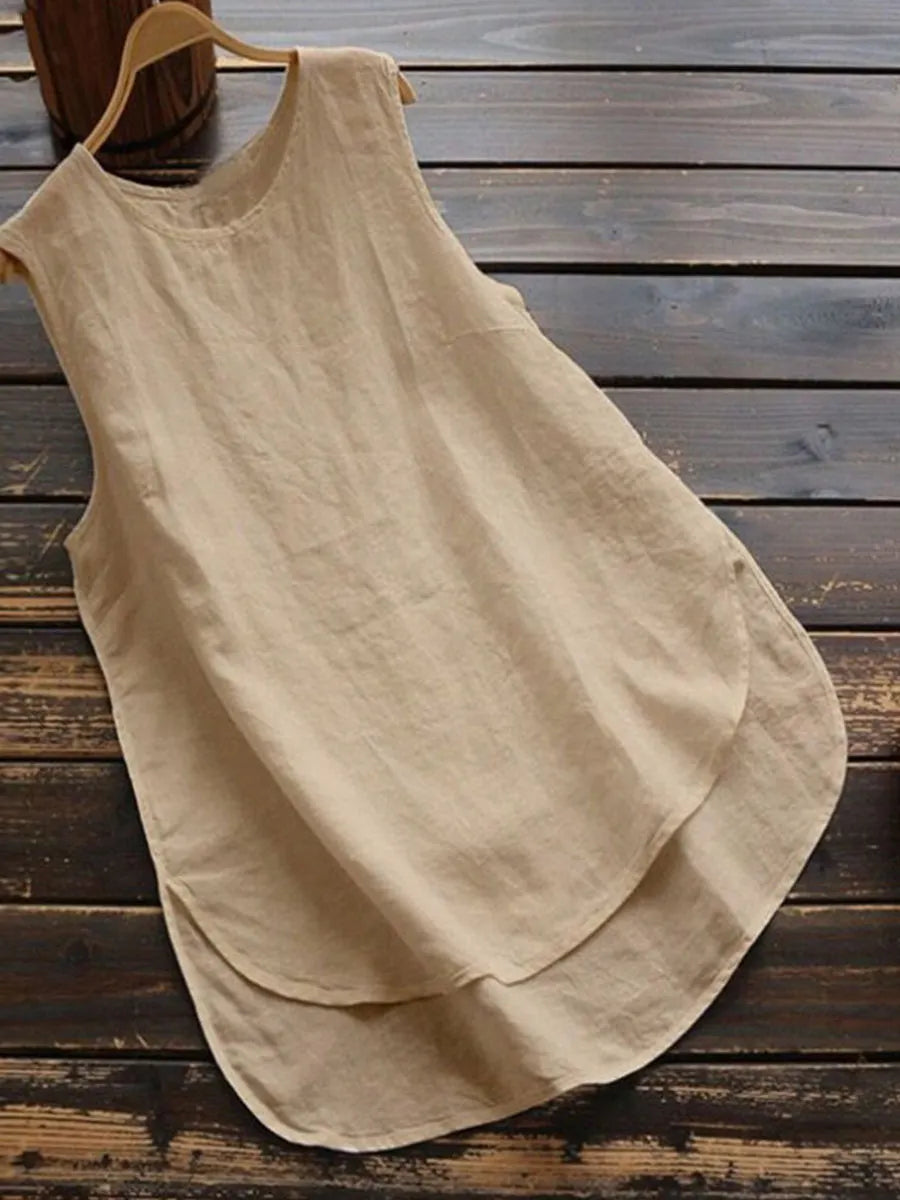 Women's Solid Color Round Neck Sleeveless Loose Linen Top