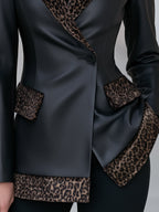 Faux Leather Leopard Velvet Trim Blazer