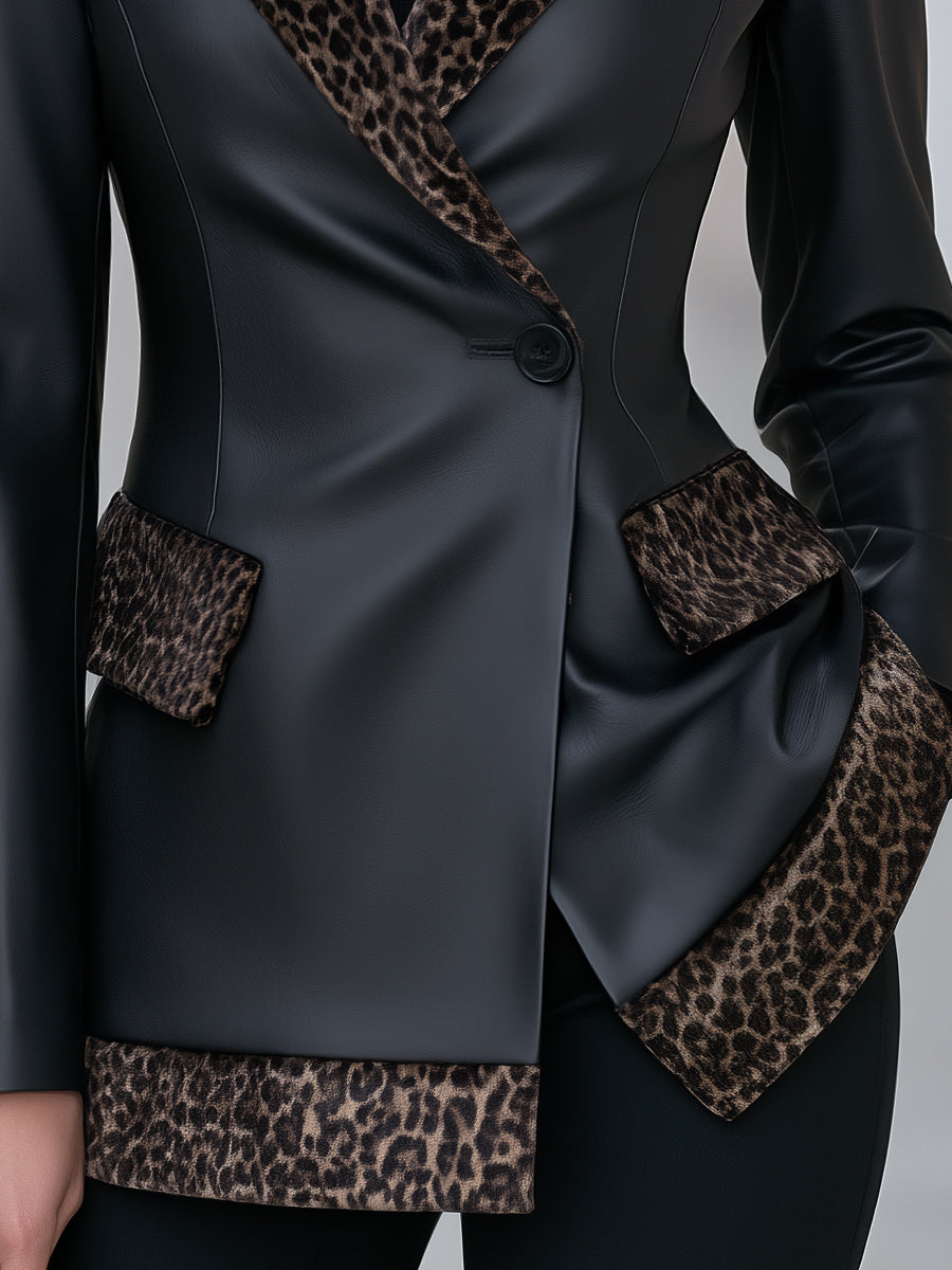 Faux Leather Leopard Velvet Trim Blazer