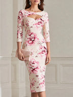 Elegant Pink Floral Cutout Neckline Bodycon Midi Dress
