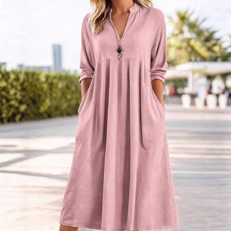 Women's Casual V-Neck Midi Dress with Pockets