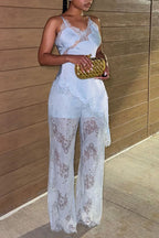 Women's Casual Lace Patchwork Vest Pants Sheer Two-Piece Set