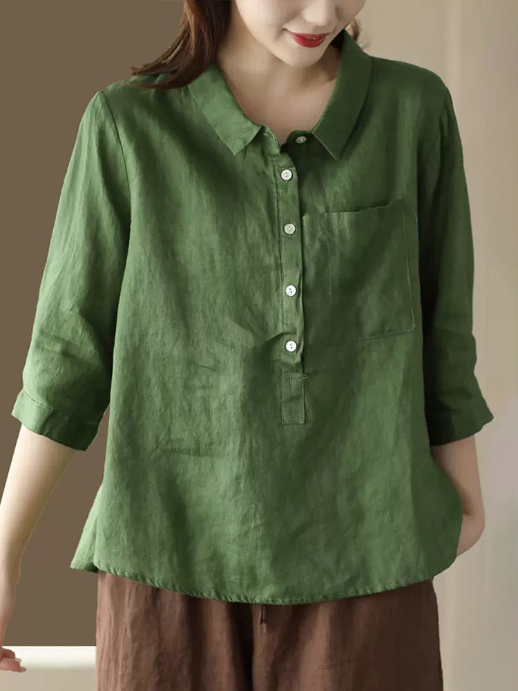 Women's Solid Color Button Down Linen Cotton Shirt