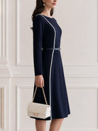 Women's Elegant Long Sleeve Contrast Piping A-Line Midi Dress with Belt