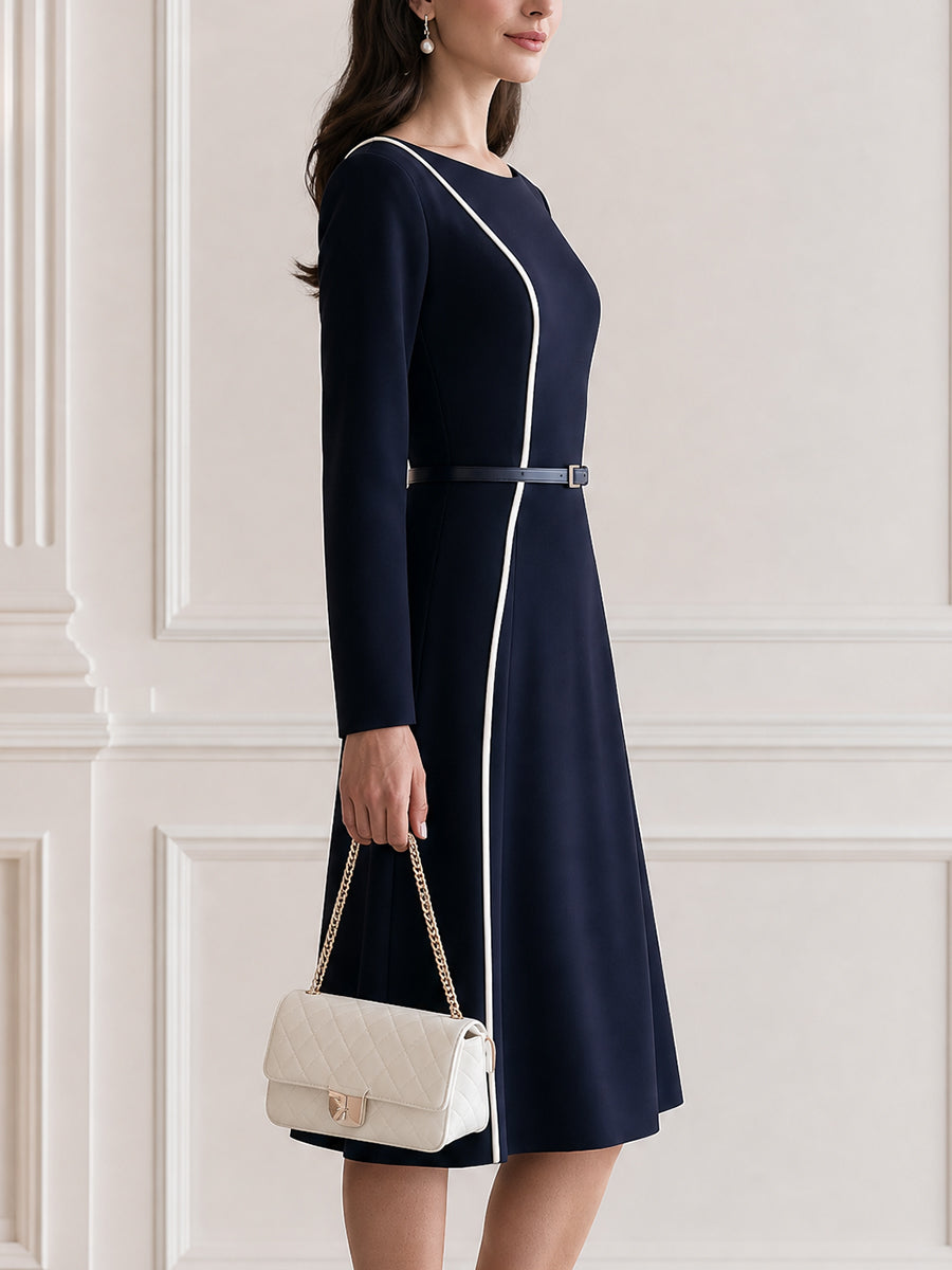 Women's Elegant Long Sleeve Contrast Piping A-Line Midi Dress with Belt