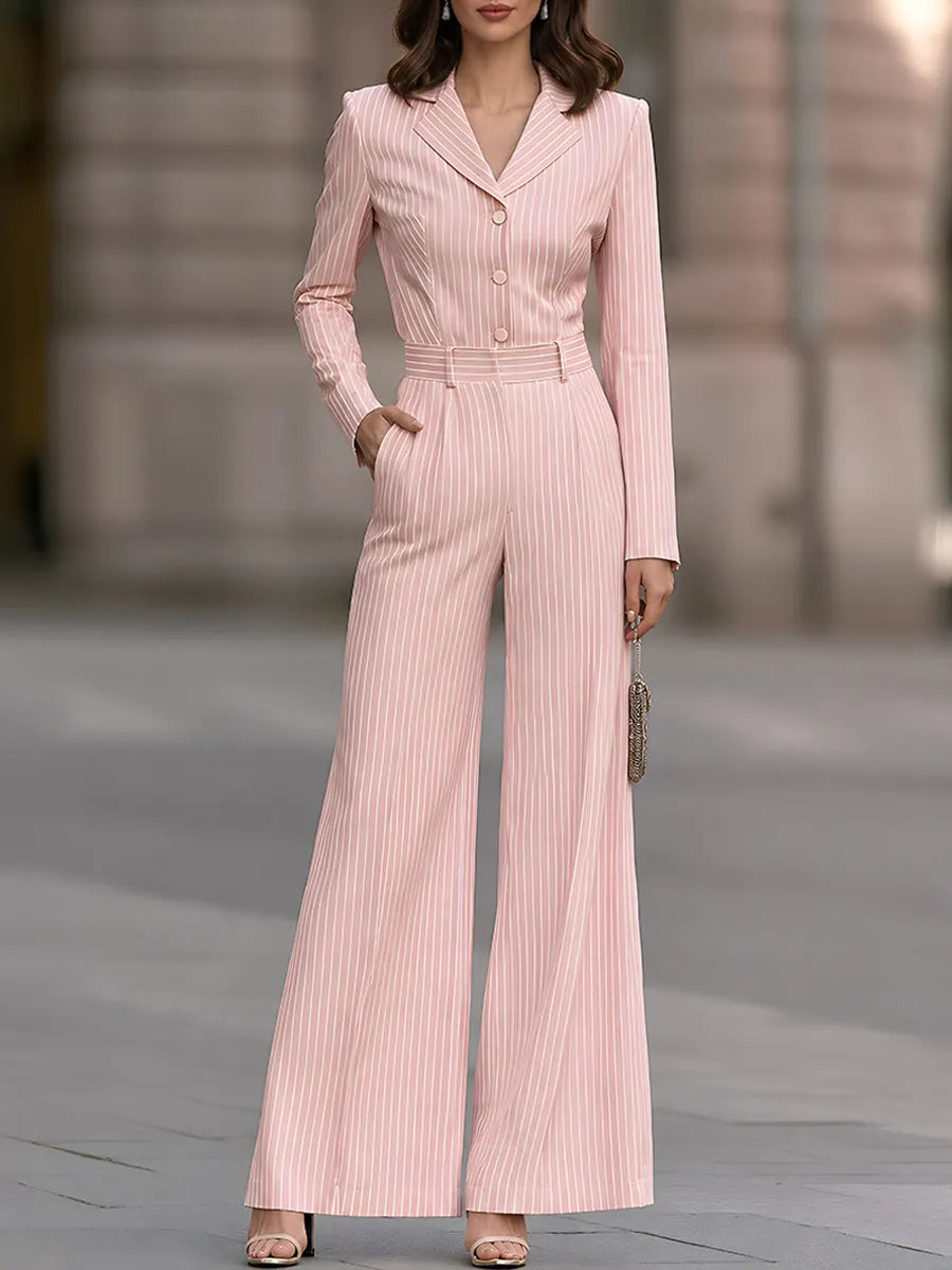 Women's Pinstripe Long Sleeve Notch Collar Wide Leg Jumpsuit with Belt