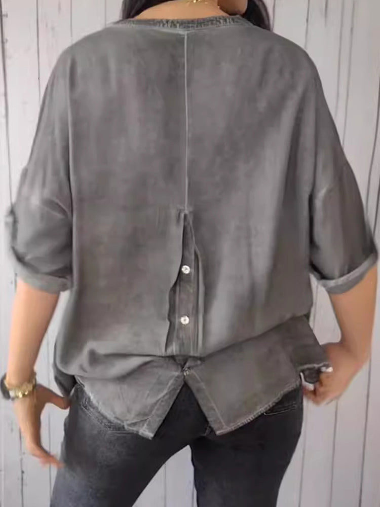V Neck Linen Blend Loose Fit Casual Shirt