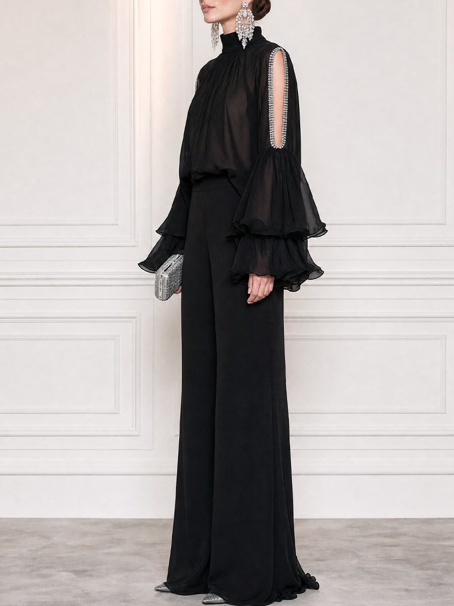 Sheer Chiffon High Neck Cold Shoulder Ruffle Sleeve Blouse with Wide Leg Pants Set