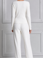 White Stockholm Style Ribbed Knit Wrap Top & Wide Leg Pants Set
