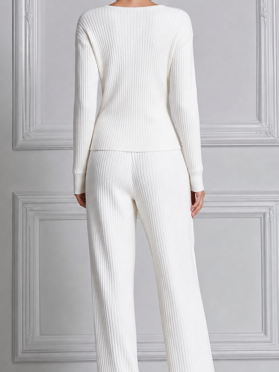 White Stockholm Style Ribbed Knit Wrap Top & Wide Leg Pants Set