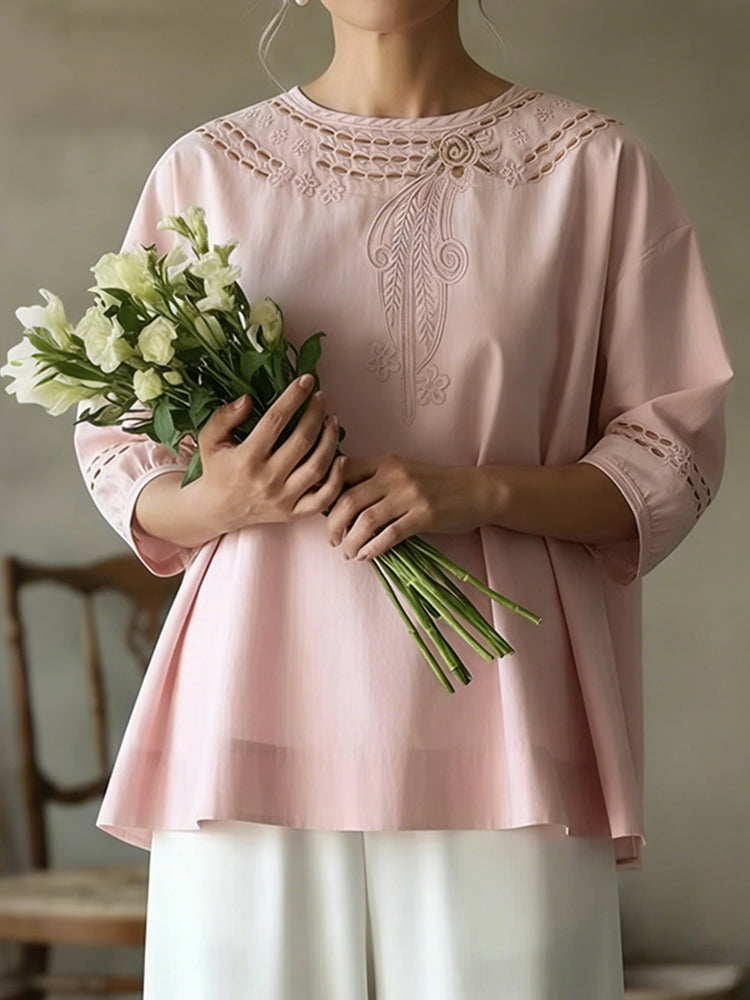 Women's Casual Floral Embroidered Linen Blend Blouse