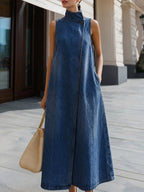 Women's Stand-collar Sleeveless Loose-fit Casual Denim Dress
