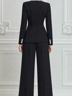 Black Contrast Trim Blazer & Wide Leg Pants Set