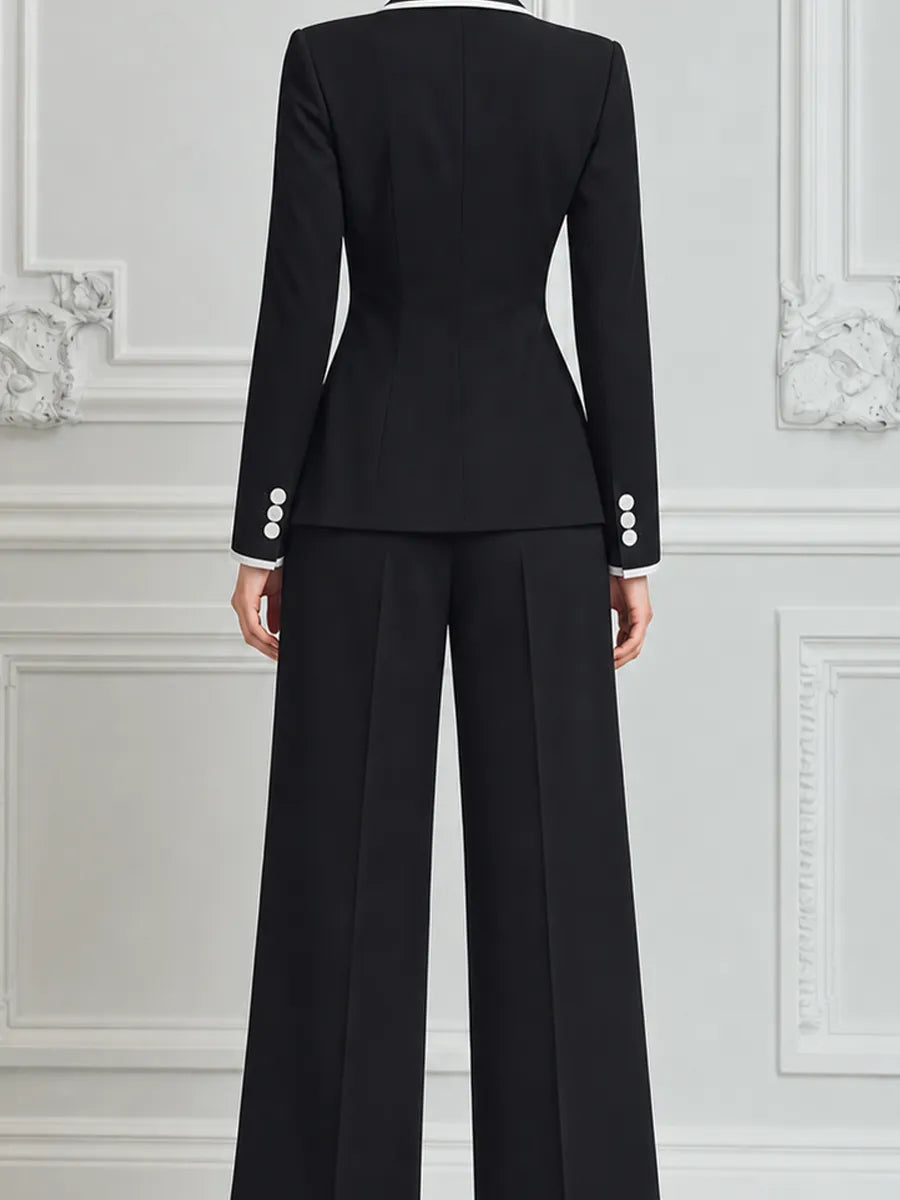 Black Contrast Trim Blazer & Wide Leg Pants Set