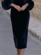 Faux-Fur Cuff Velvet Structured Midi Dress