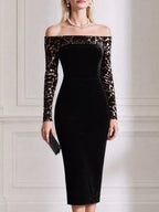 Black Velvet Off-the-Shoulder Leopard Sleeve Midi Dress