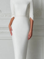 White Dress Off Shoulder Pearl Trim Pencil Midi Dress