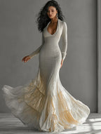 Deep V-Neck Long-Sleeved A-Line Mermaid Elegant Gown