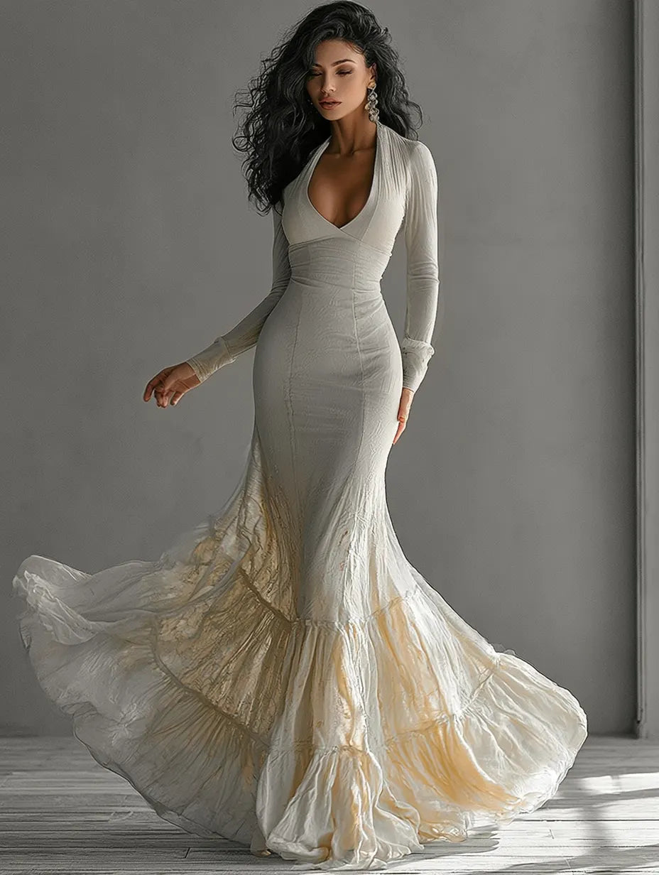 Deep V-Neck Long-Sleeved A-Line Mermaid Elegant Gown