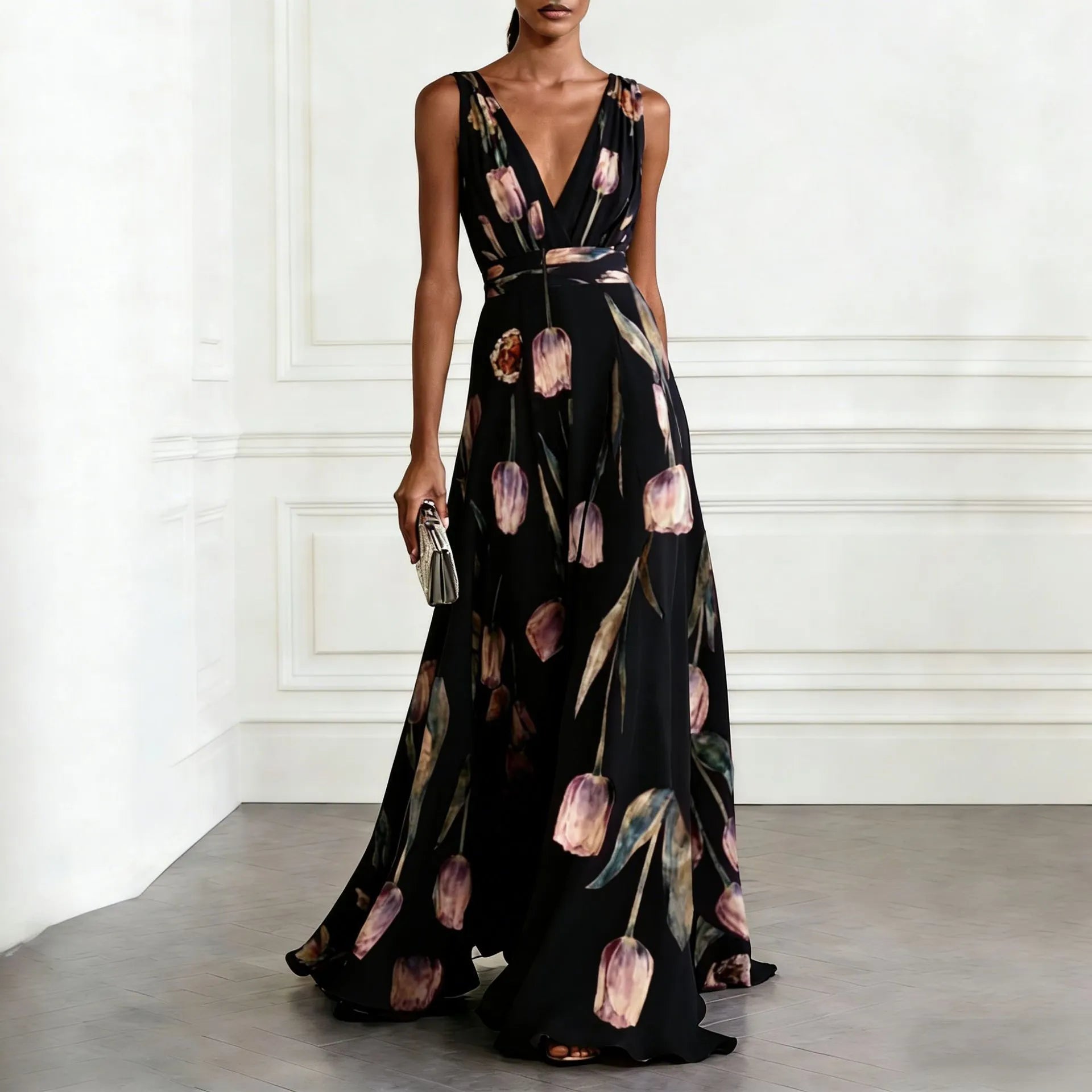 Elegant Tulip Print V-neck Maxi Dress